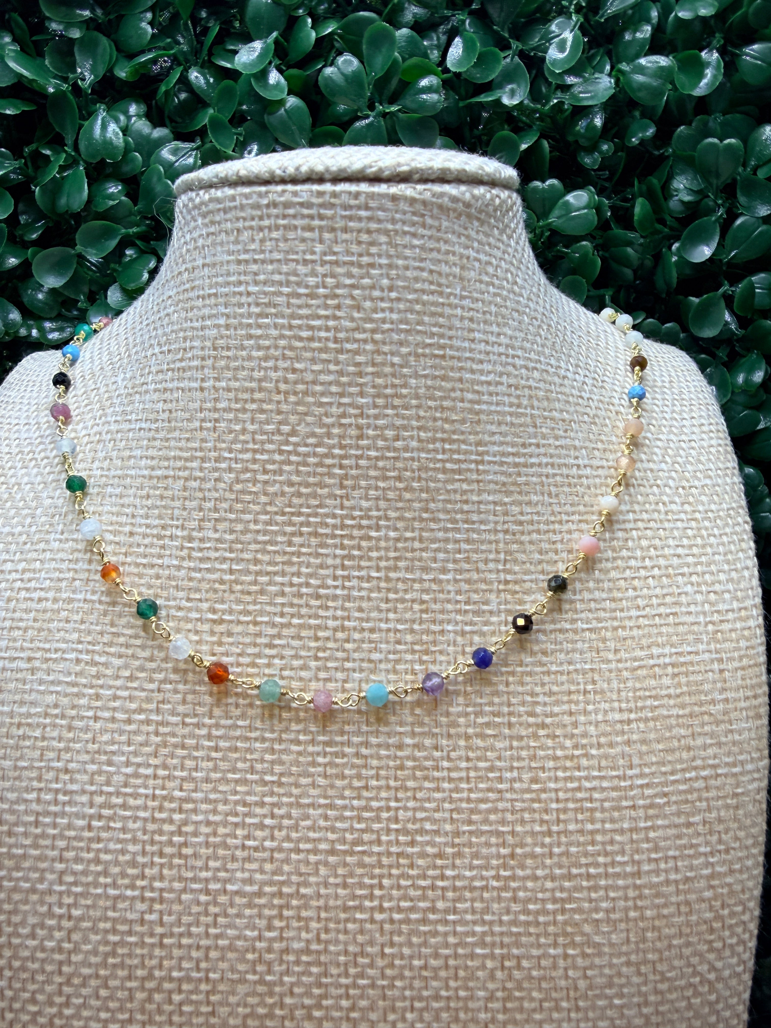 Multicolored gemstone gold wire wrapped necklace