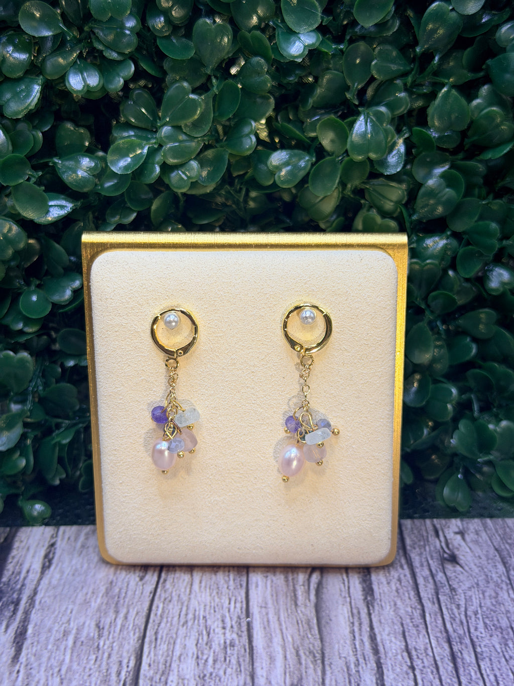 Pink freshwater pearl, amethyst, aquamarine and fluorite gemstone earrings