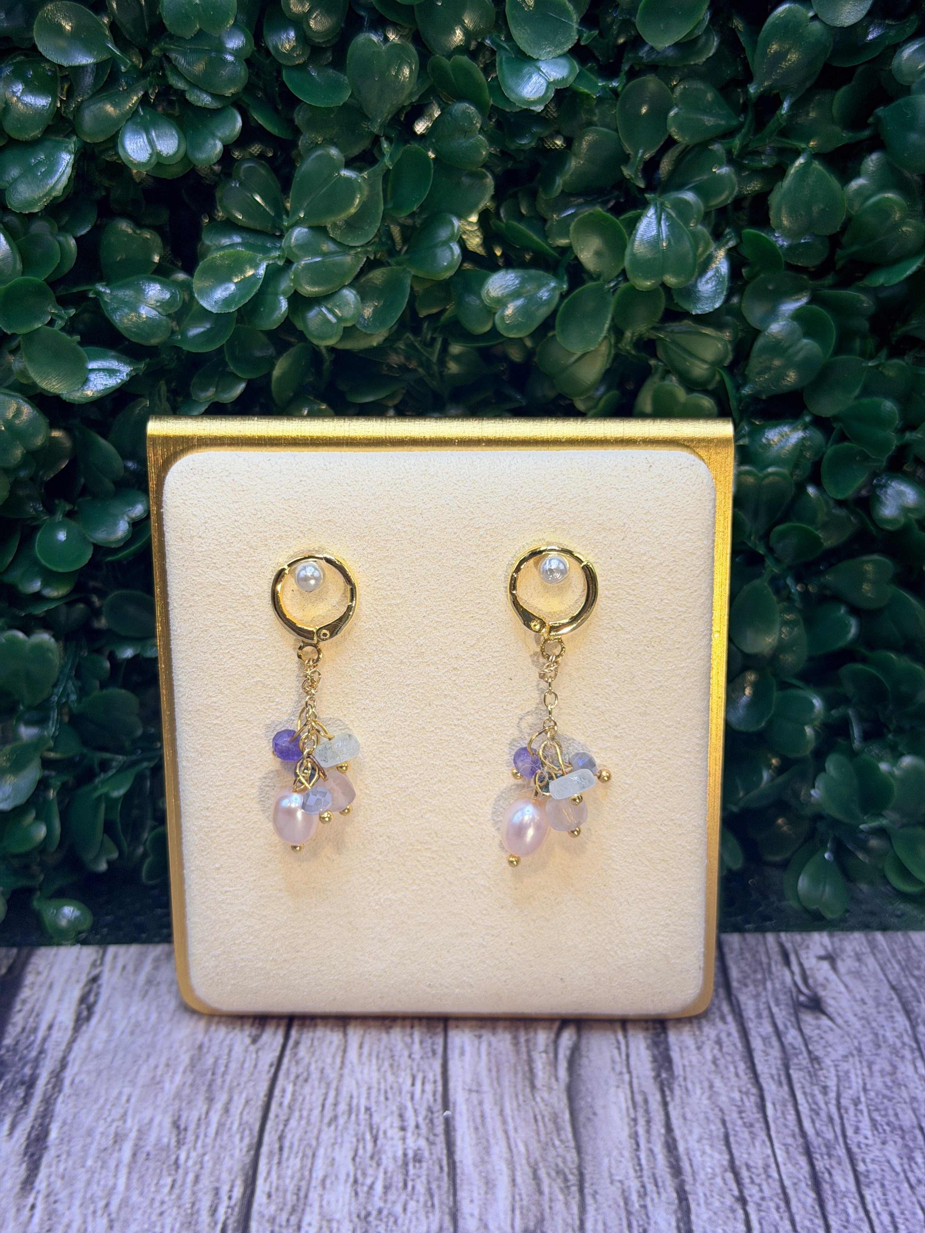 Pink freshwater pearl, amethyst, aquamarine and fluorite gemstone earrings