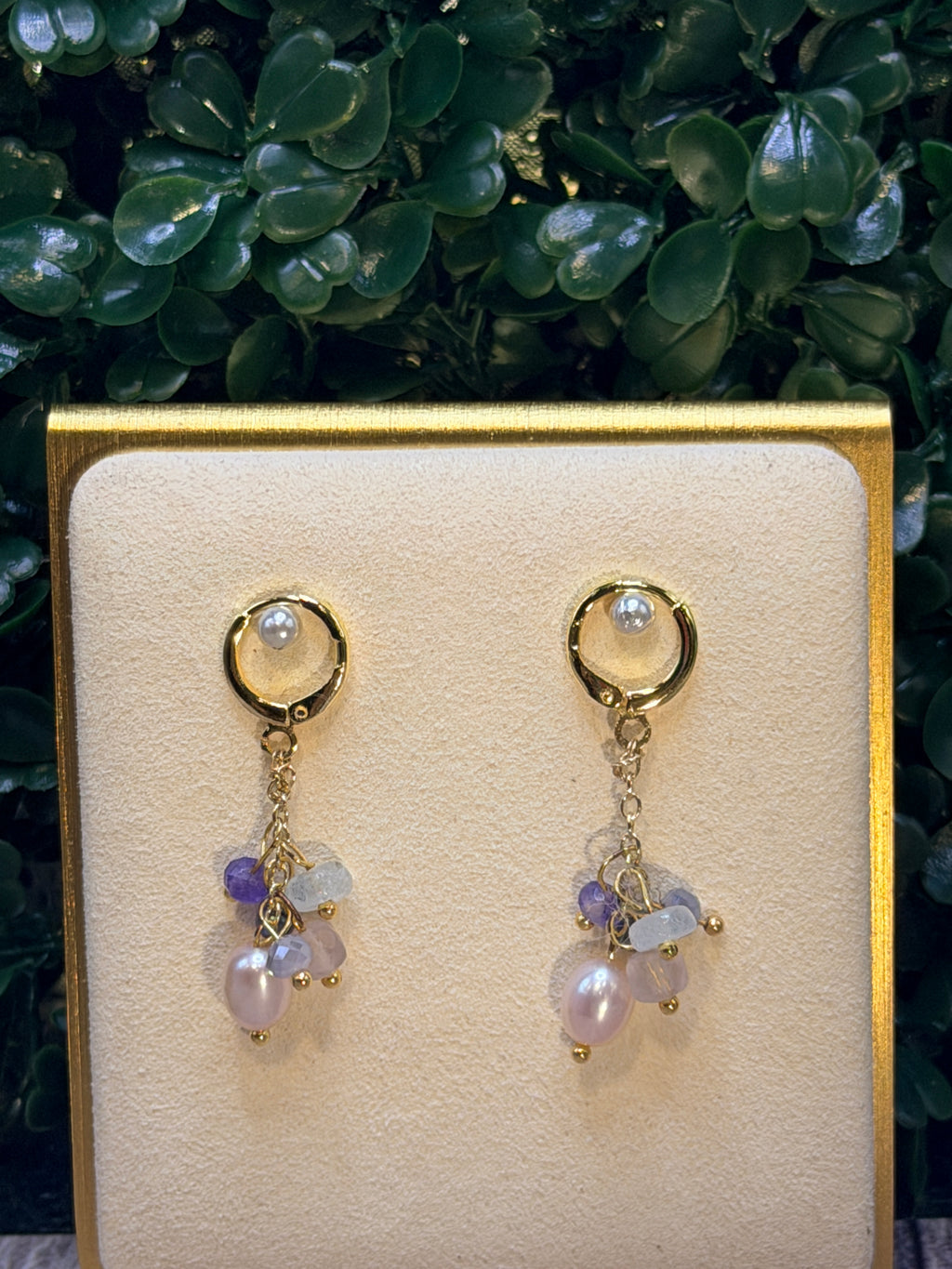 Pink freshwater pearl, amethyst, aquamarine and fluorite gemstone earrings