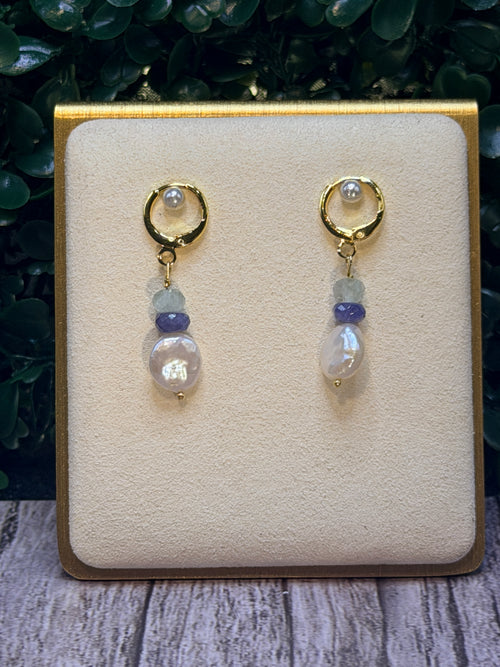 Freshwater coin pearls, lavender tanzanite, and light blue aquamarine gemstones