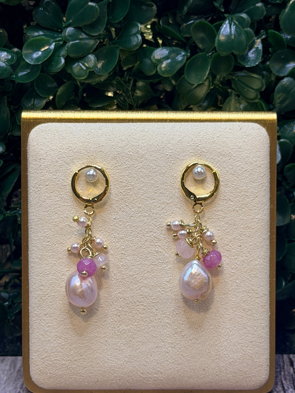 Pink baroque pearl drop earring with a cluster of pink jades and seed pearls