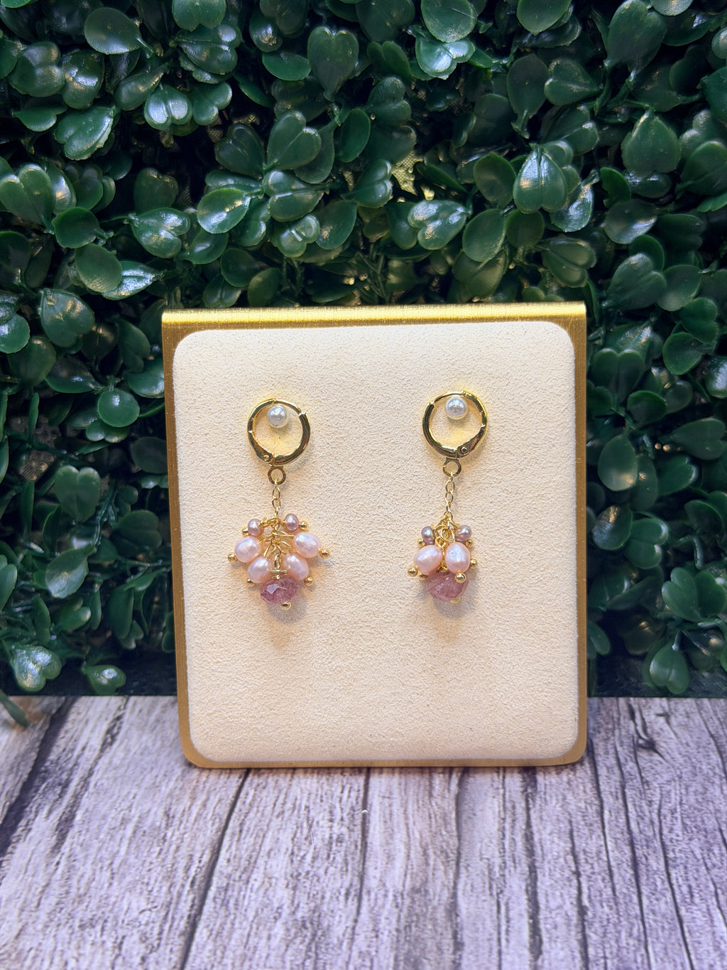 Strawberry quartz drop earring with a cluster of pink and mauve freshwater pearls