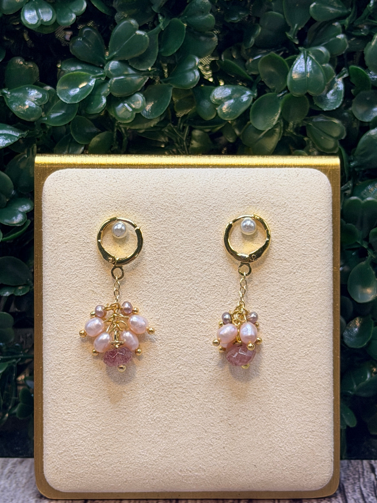 Strawberry quartz drop earring with a cluster of pink and mauve freshwater pearls