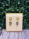Iolite drop earring with a cluster of grey freshwater pearls and amethyst gemstones