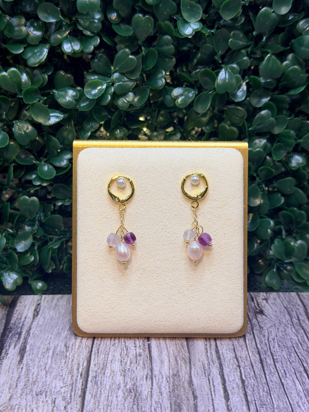 Pink freshwater pearl drop earrings with pink and purple fluorite gemstones