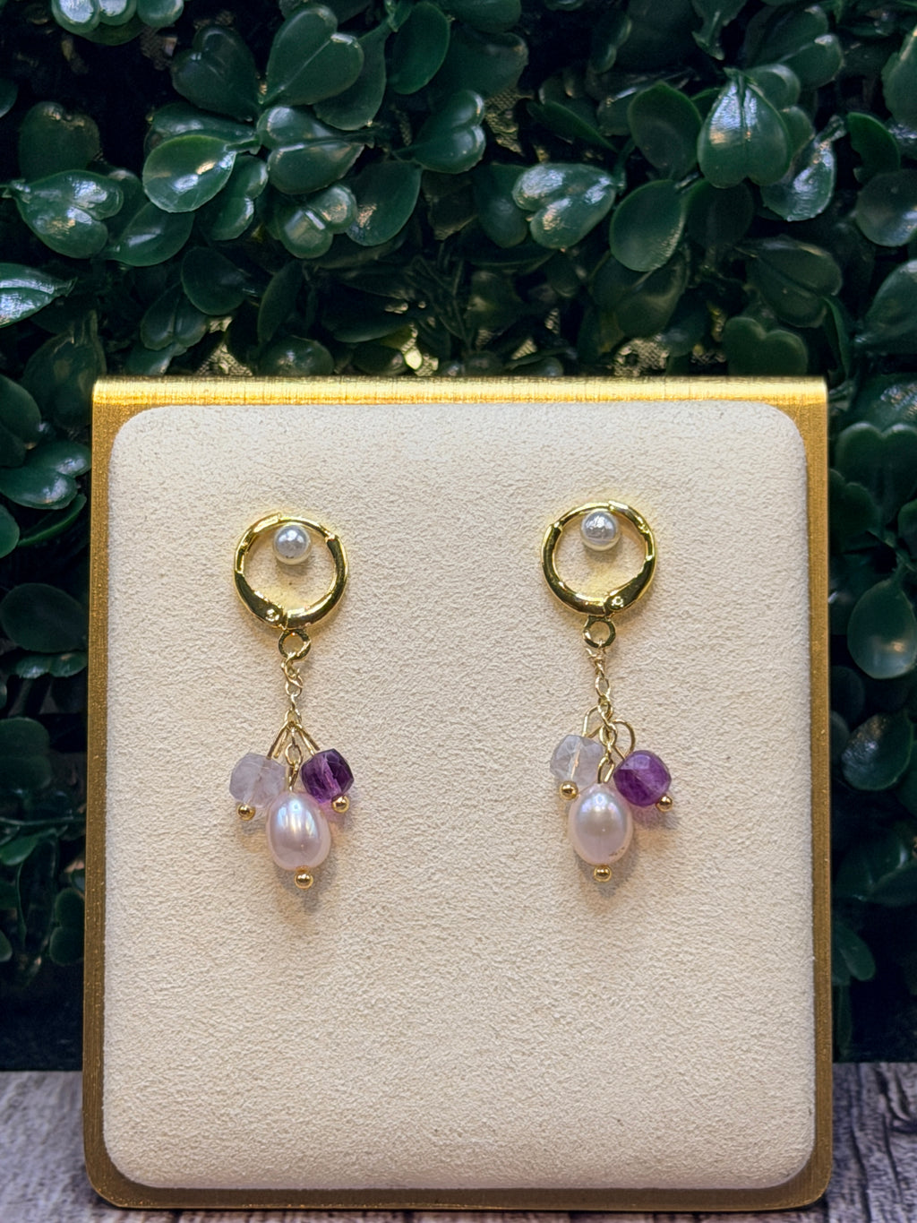 Pink freshwater pearl drop earrings with pink and purple fluorite gemstones