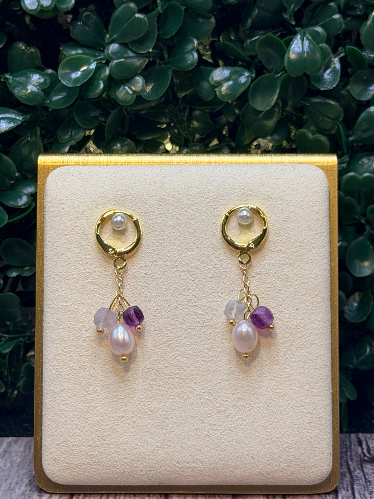 Pink freshwater pearl drop earrings with pink and purple fluorite gemstones