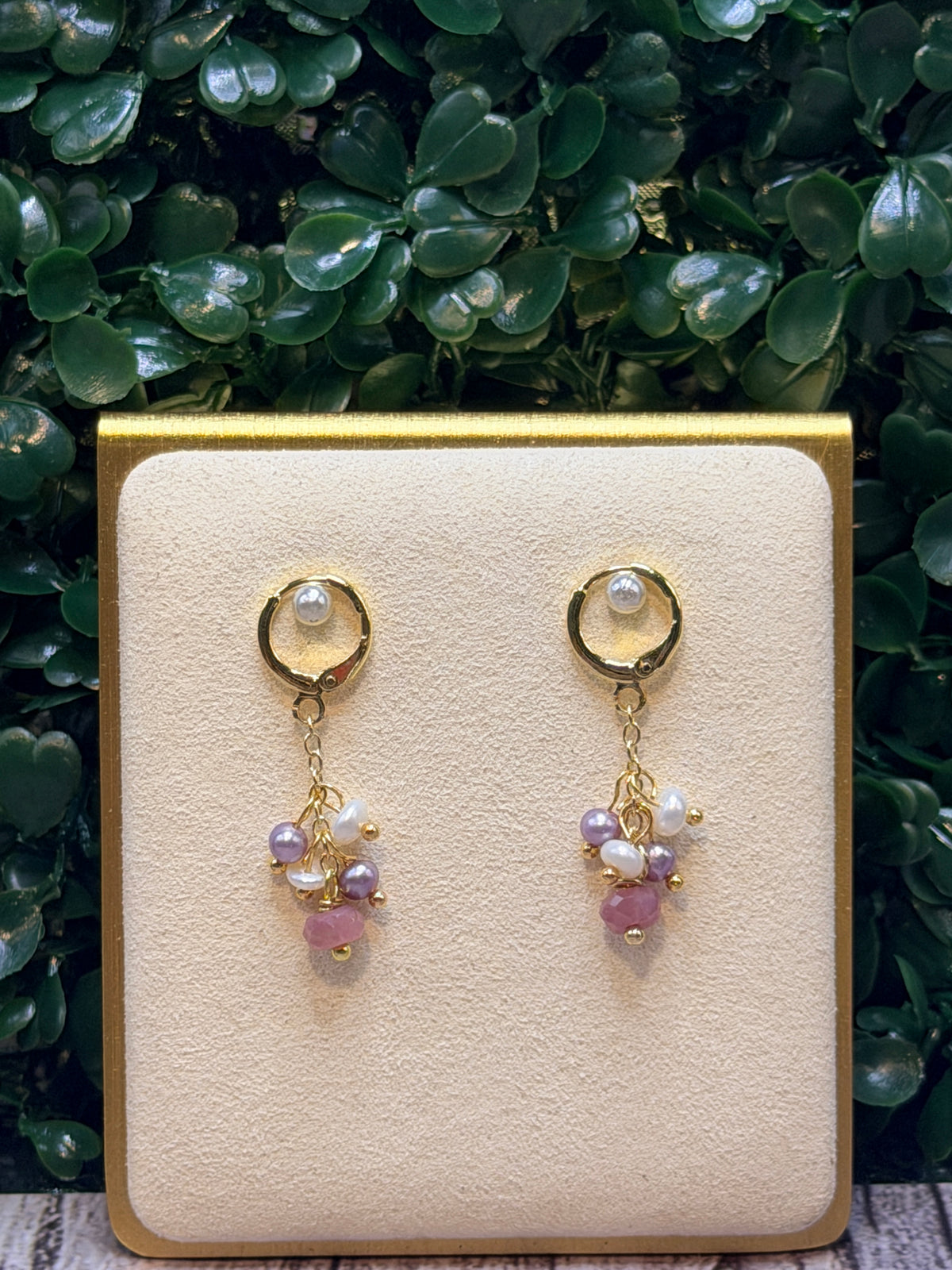 Pink jade dangle earrings with ivory and mauve seed pearls