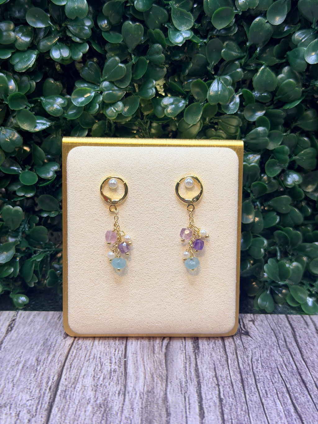 Green jade drop earrings with a cluster of seed  pearls, fluorite and amethyst gemstones