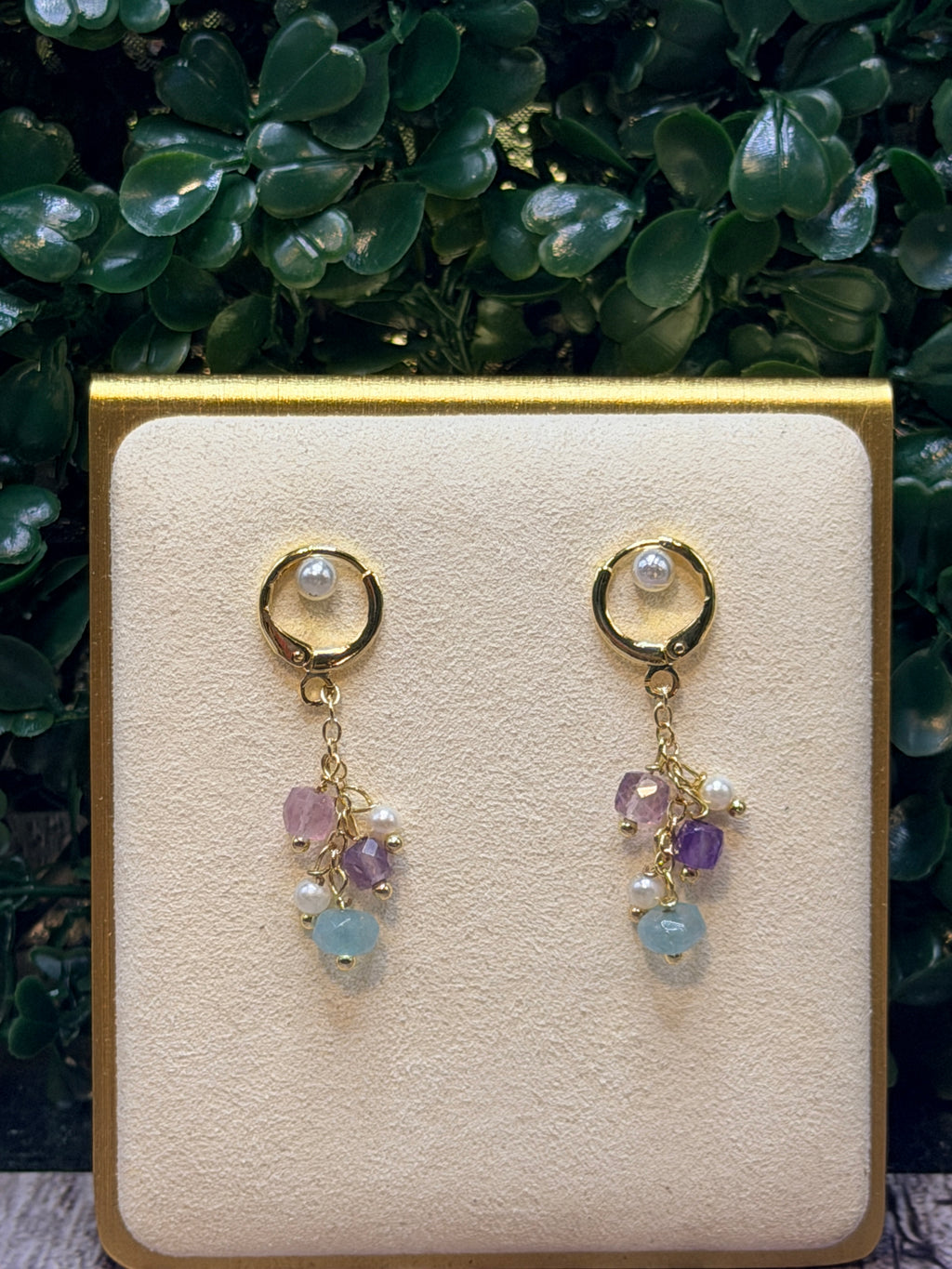 Green jade drop earrings with a cluster of seed  pearls, fluorite and amethyst gemstones