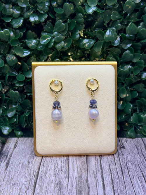 Baroque pearl drop earring with Iolite and black seed pearls