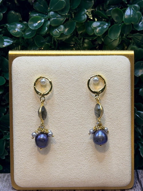 Black Pearl drop earring with labradorite and a cluster of seed pearls