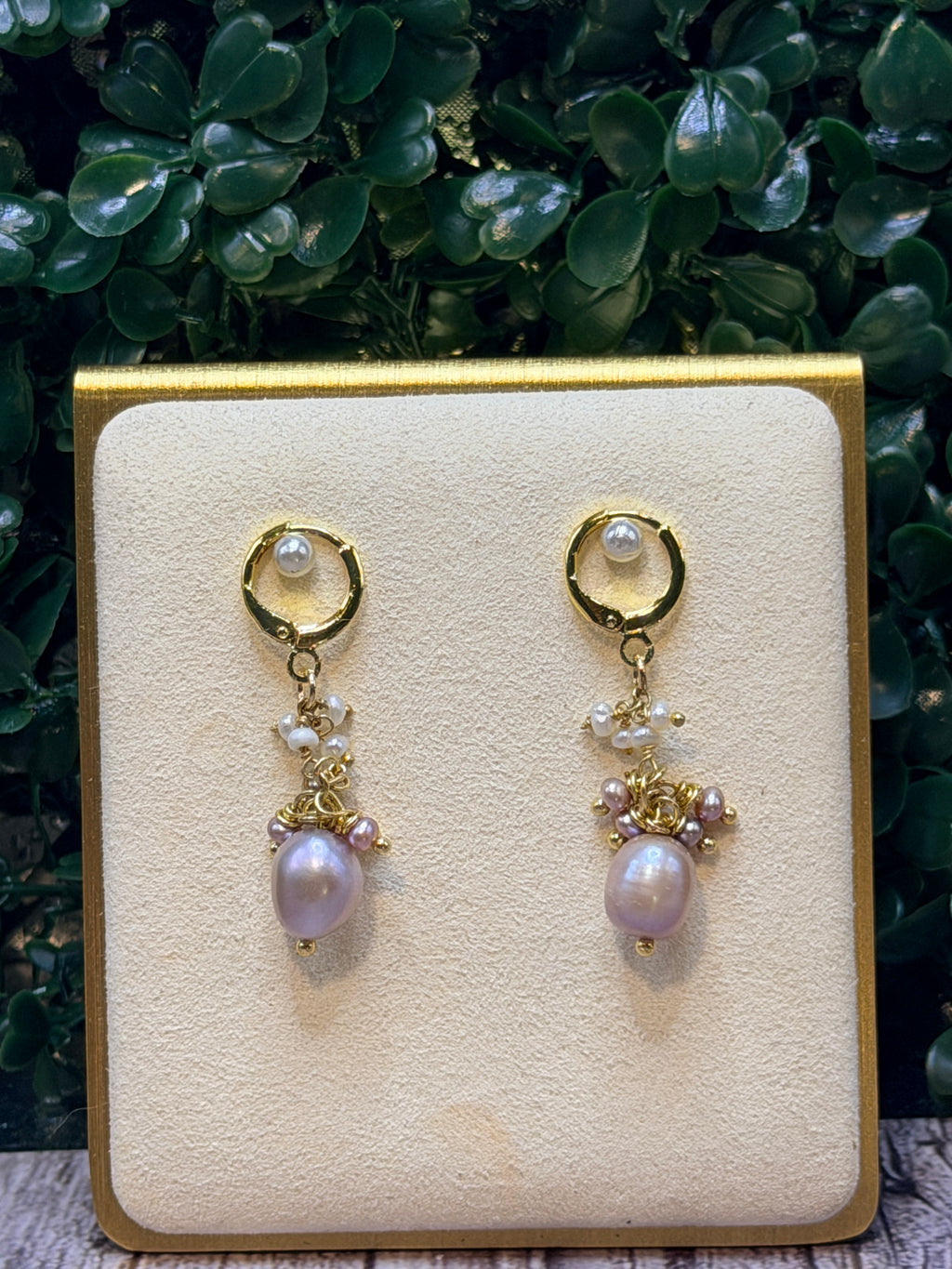 Pink baroque pearl drop earring accented with seed pearl clusters
