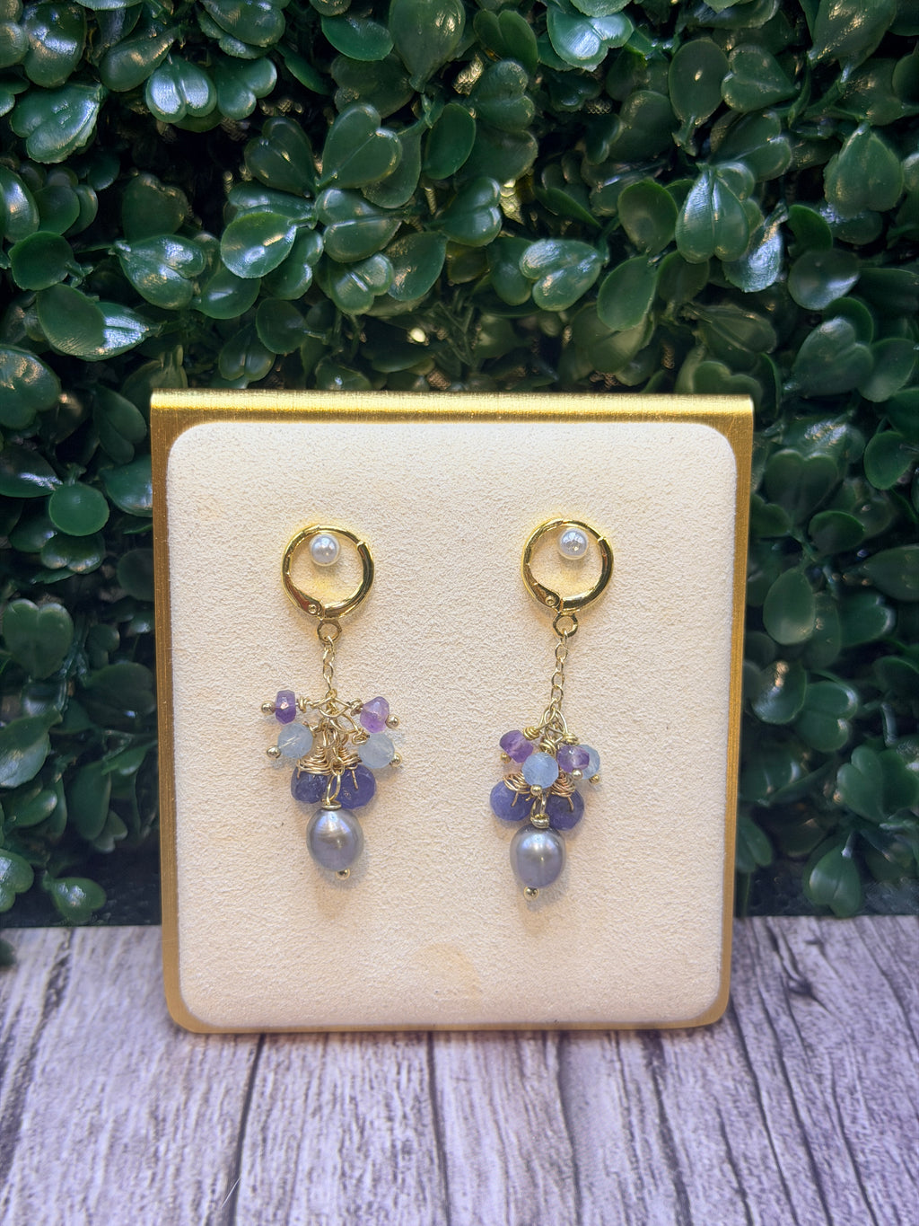 Tahitian Pearl with a cluster of tanzanite, amethyst and fluorite gemstones