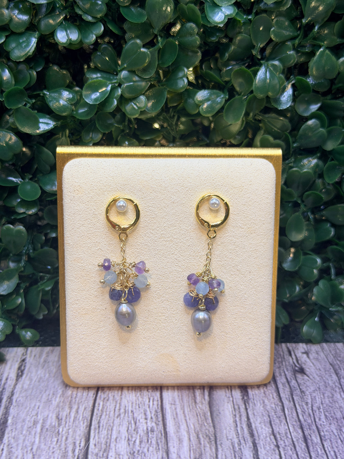 Tahitian Pearl with a cluster of tanzanite, amethyst and fluorite gemstones