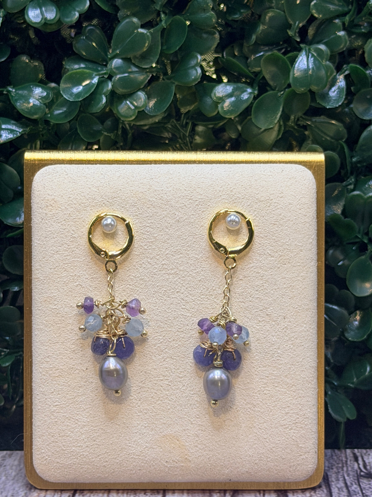 Tahitian Pearl with a cluster of tanzanite, amethyst and fluorite gemstones