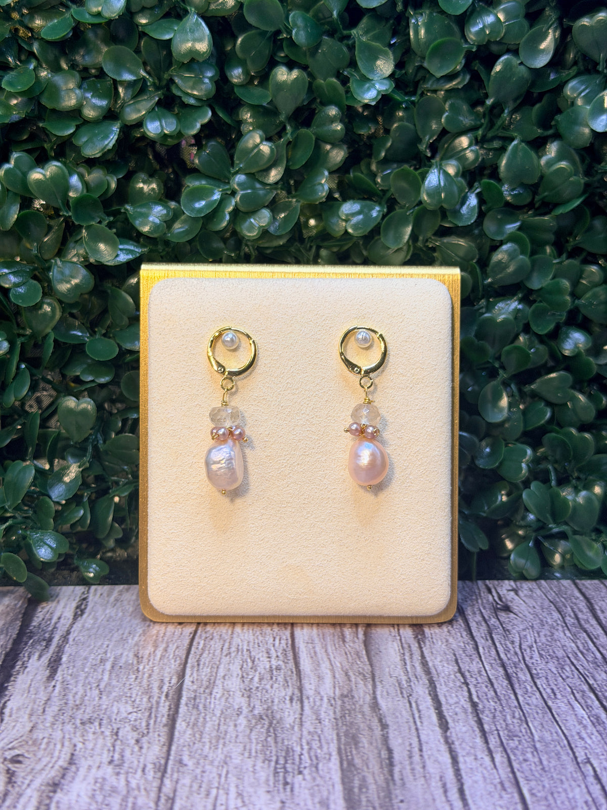 Pink baroque pearl drop earring with smokey quartz and mauve seed pearls