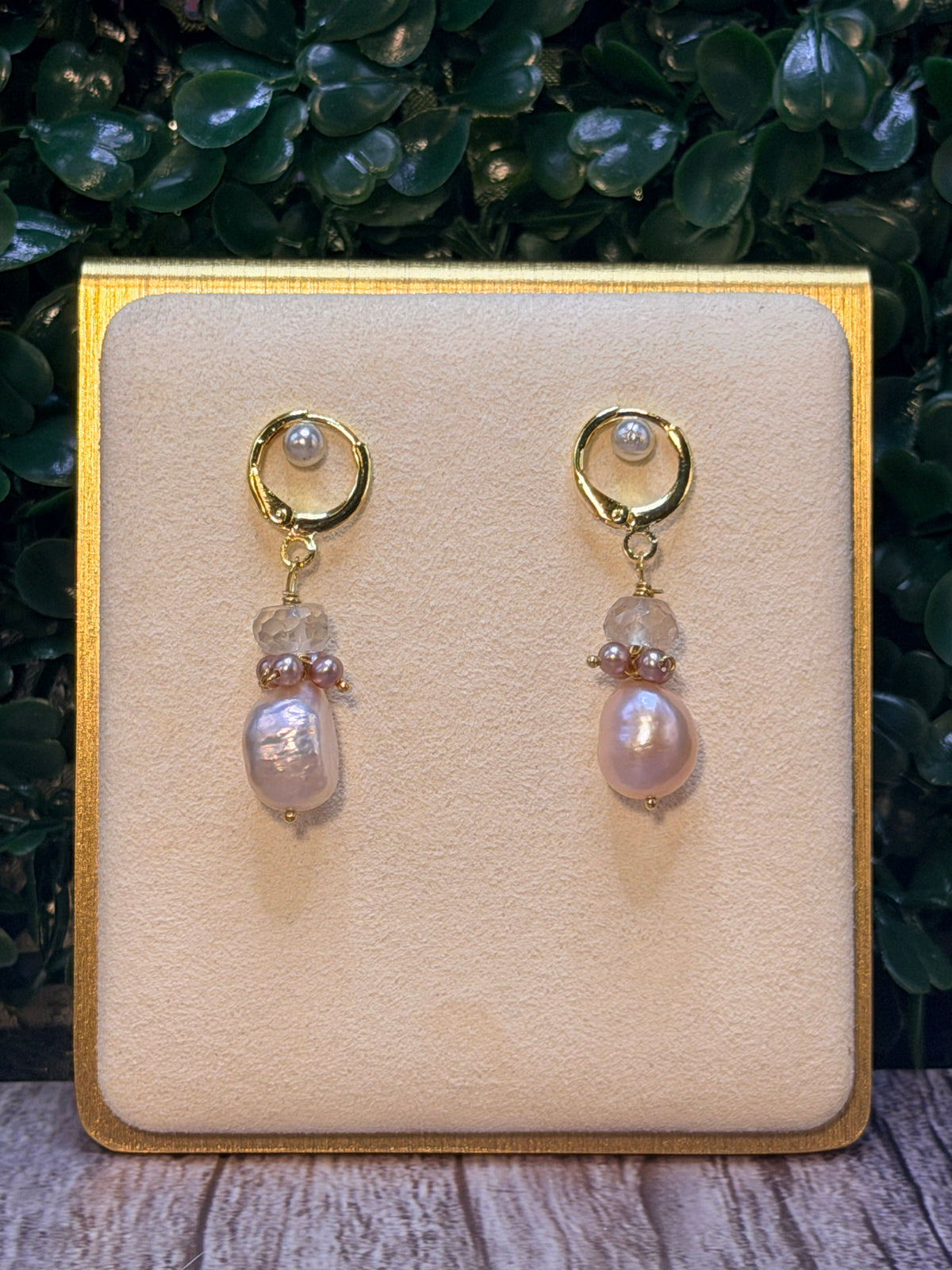 Pink baroque pearl drop earring with smokey quartz and mauve seed pearls