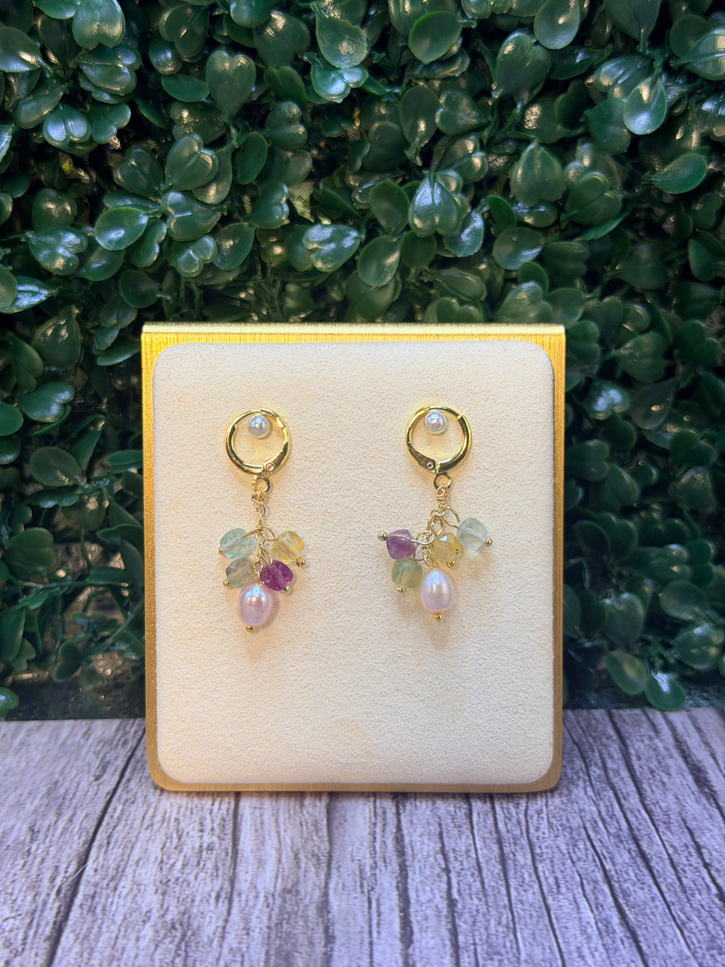 Pink freshwater pearl drop earring with multicolor fluorite gemstones
