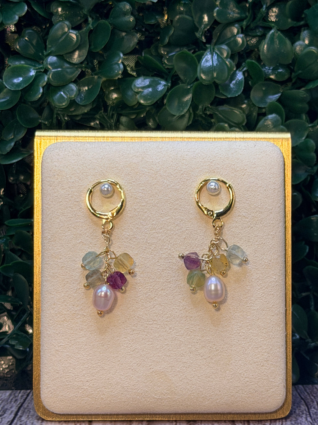 Pink freshwater pearl drop earring with multicolor fluorite gemstones