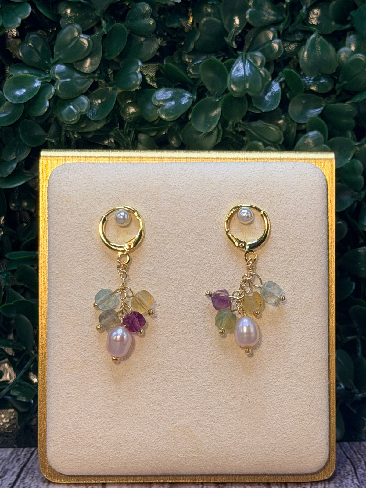 Pink freshwater pearl drop earring with multicolor fluorite gemstones