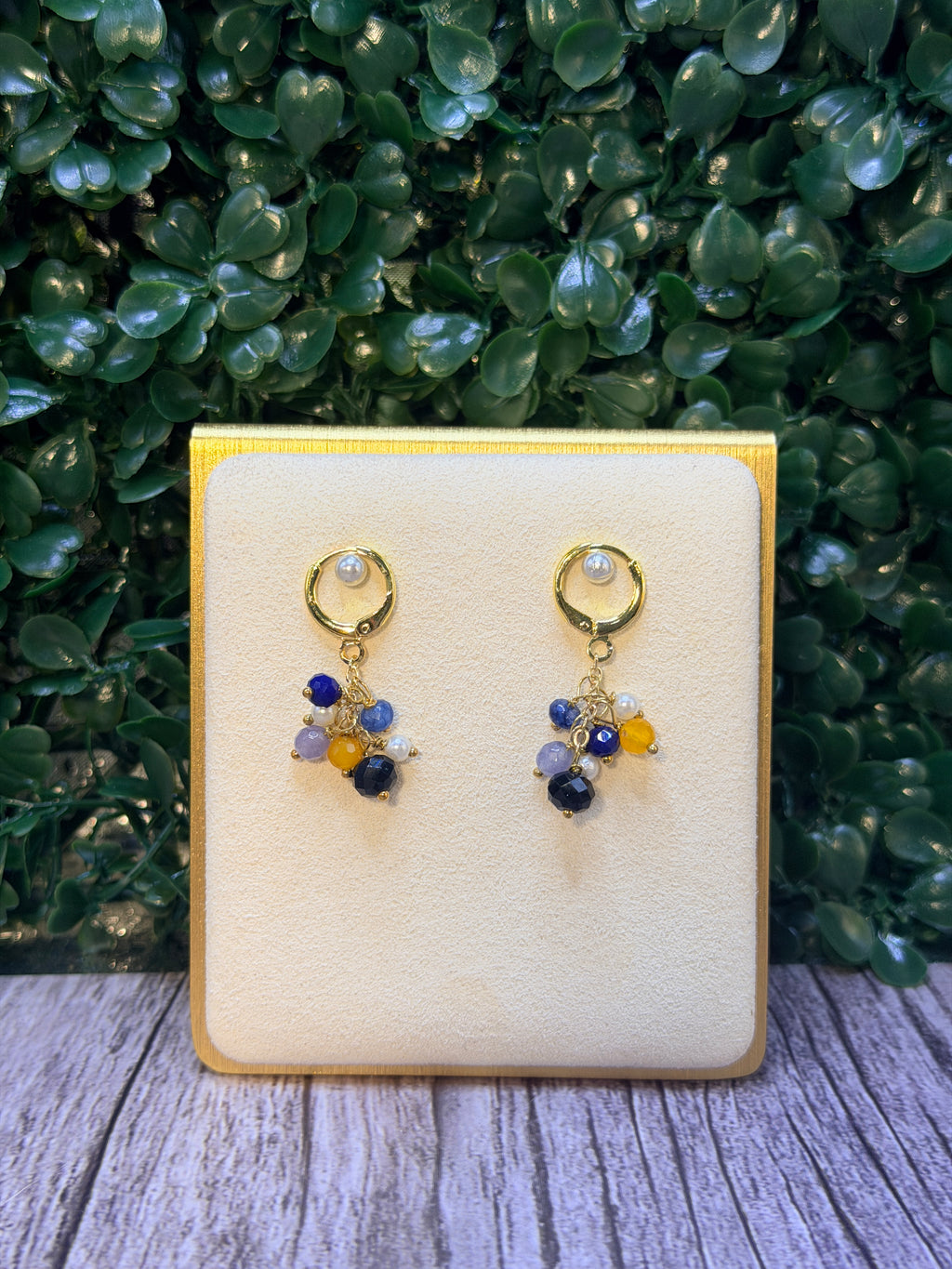 Pearl drop earrings with blue kyanite, blue jade, yellow carnelian gemstones