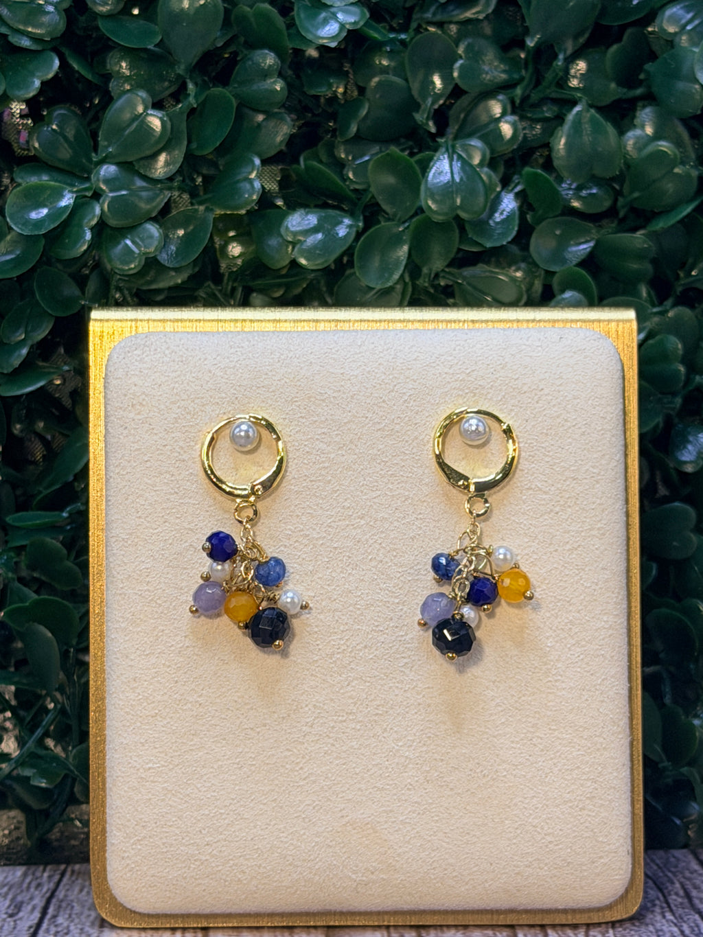 Pearl drop earrings with blue kyanite, blue jade, yellow carnelian gemstones