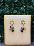 Pearl drop earrings with blue kyanite, blue jade, yellow carnelian gemstones