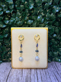 Grey Pearl drop earring with lapis lazili and moss aquamarine