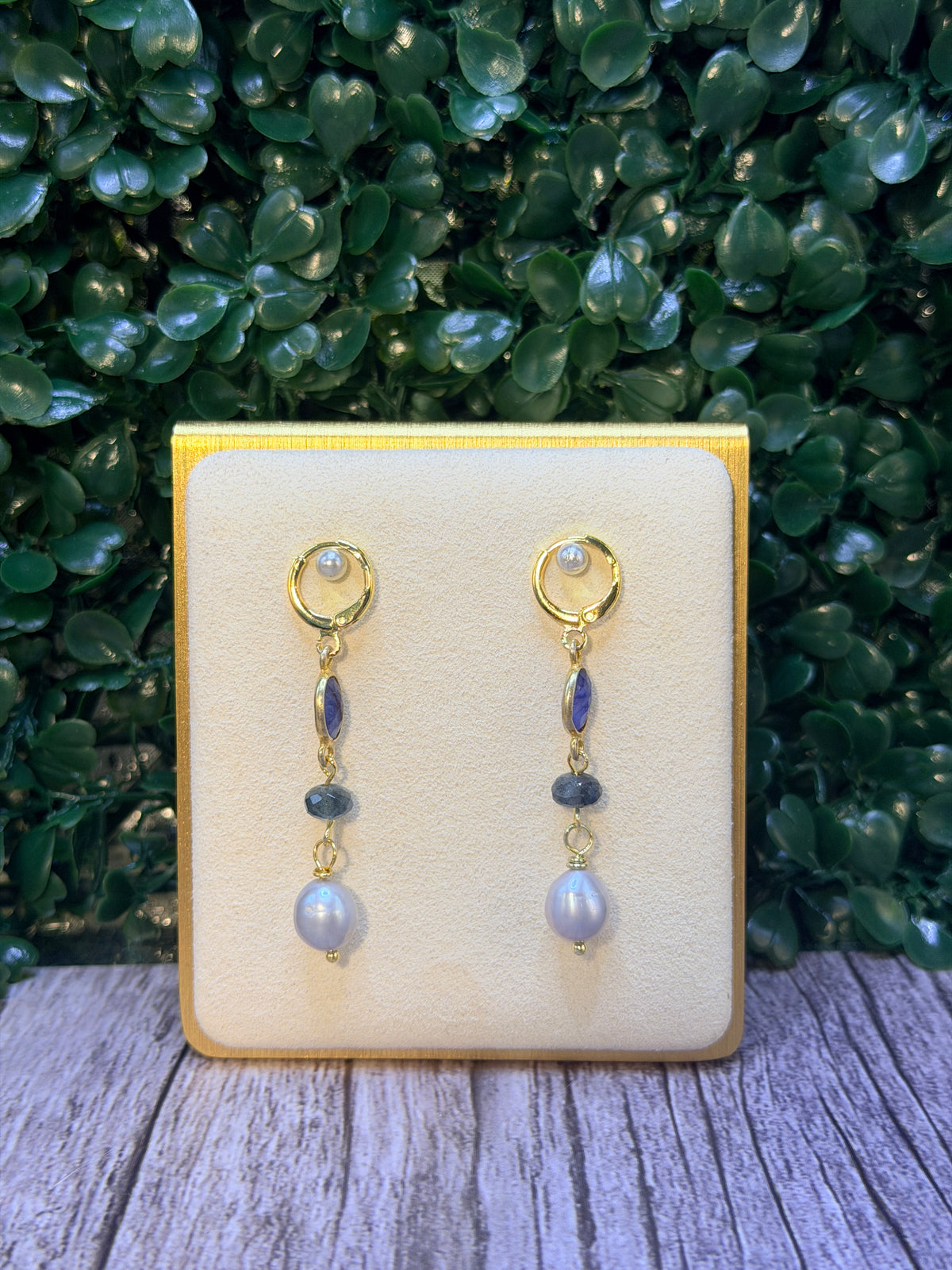 Grey Pearl drop earring with lapis lazili and moss aquamarine