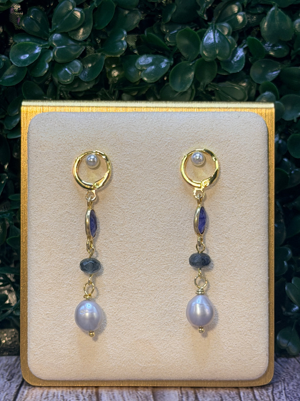 Grey Pearl drop earring with lapis lazili and moss aquamarine