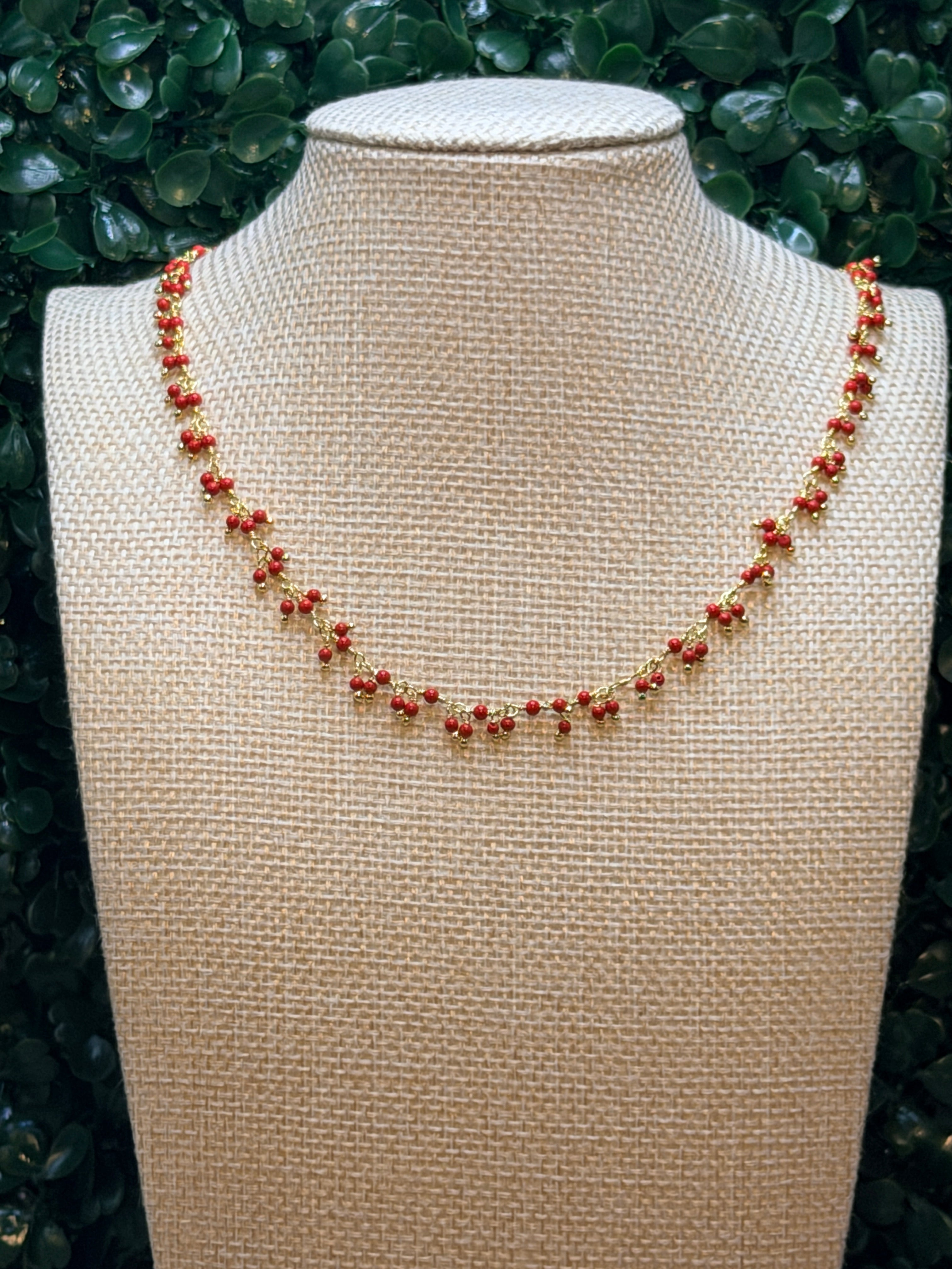 Red coral cluster rosary necklace