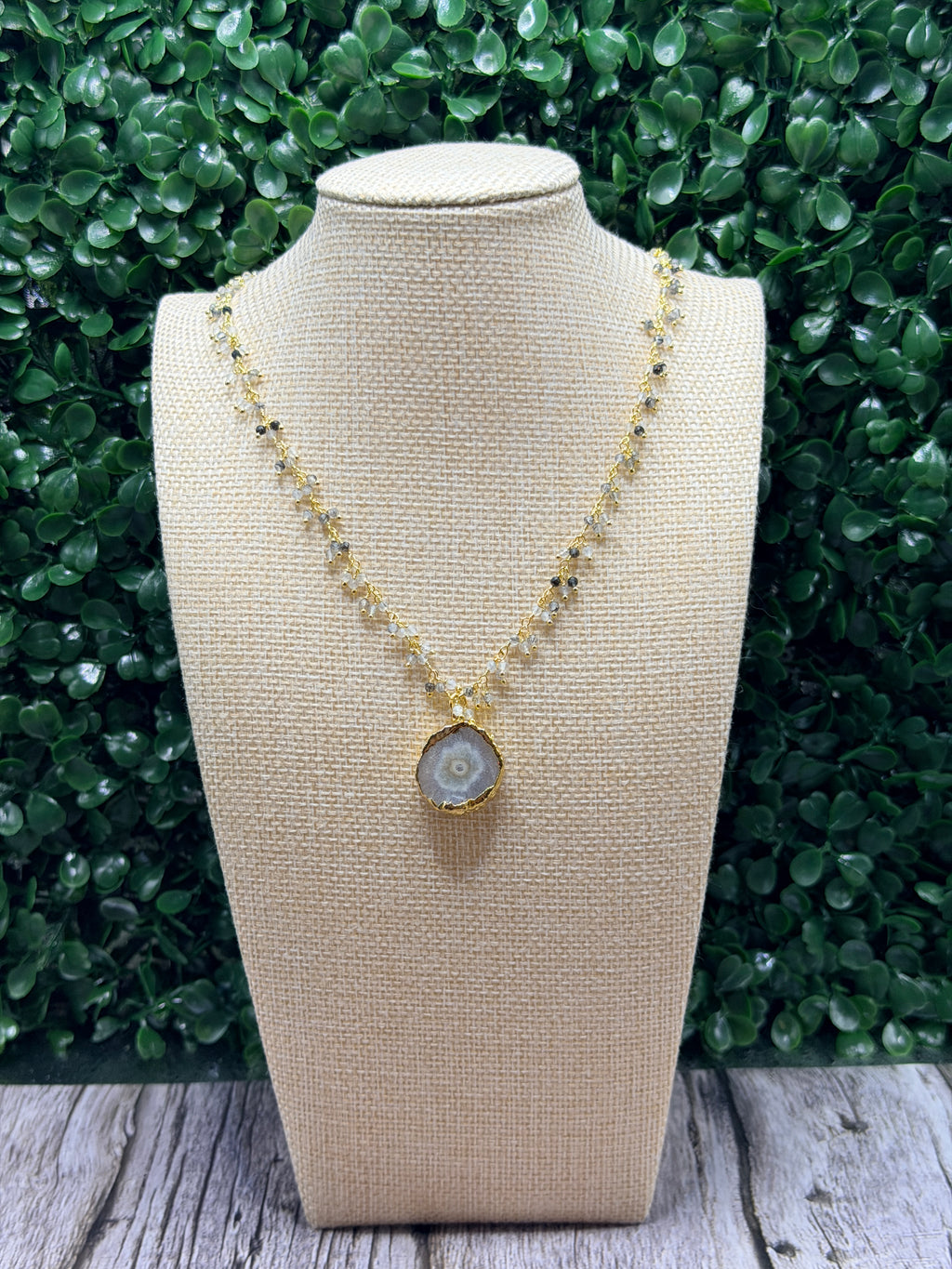 Rutilated cluster rosary necklace with solar quartz geode slice pendant
