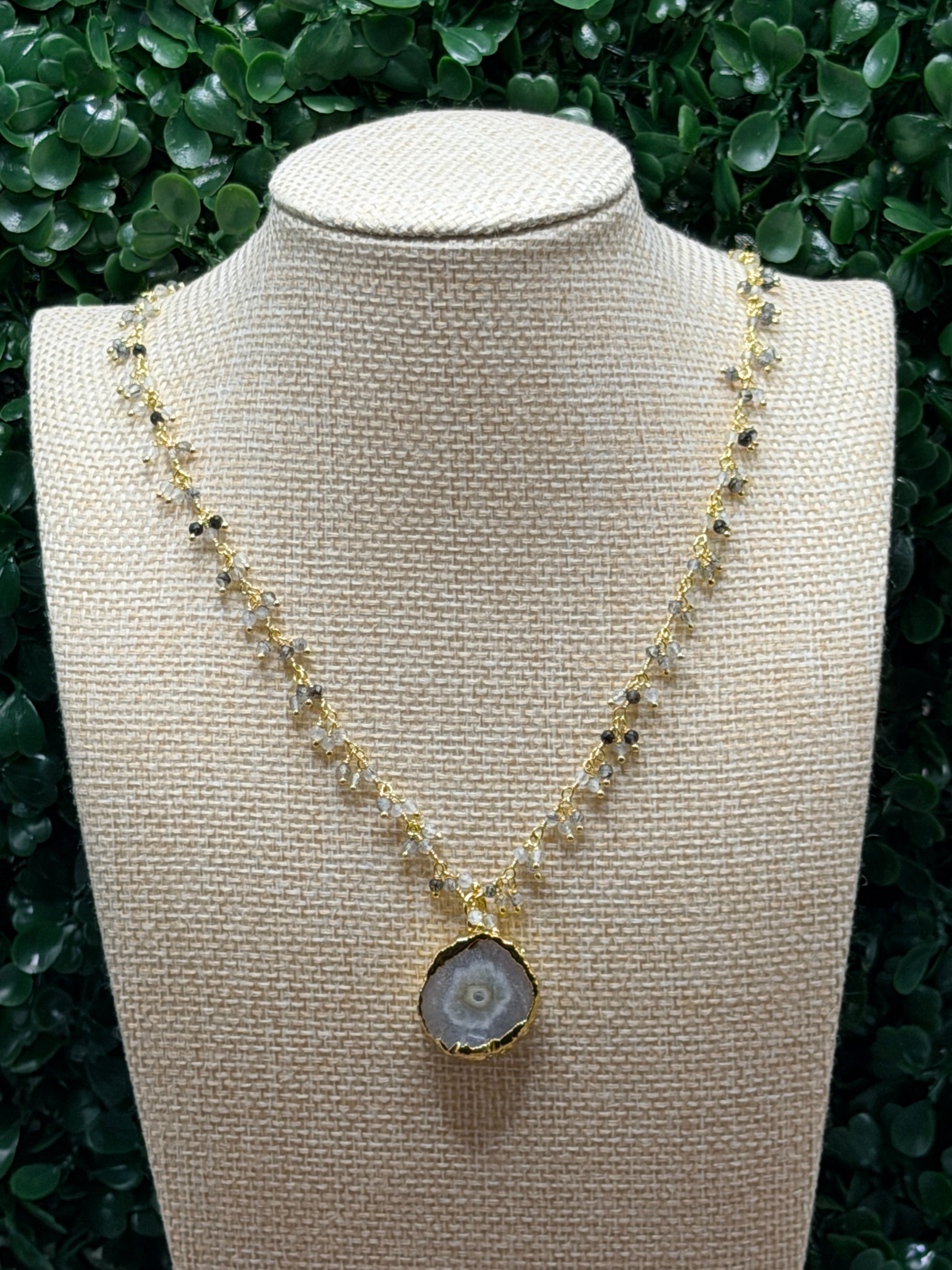 Rutilated cluster rosary necklace with solar quartz geode slice pendant