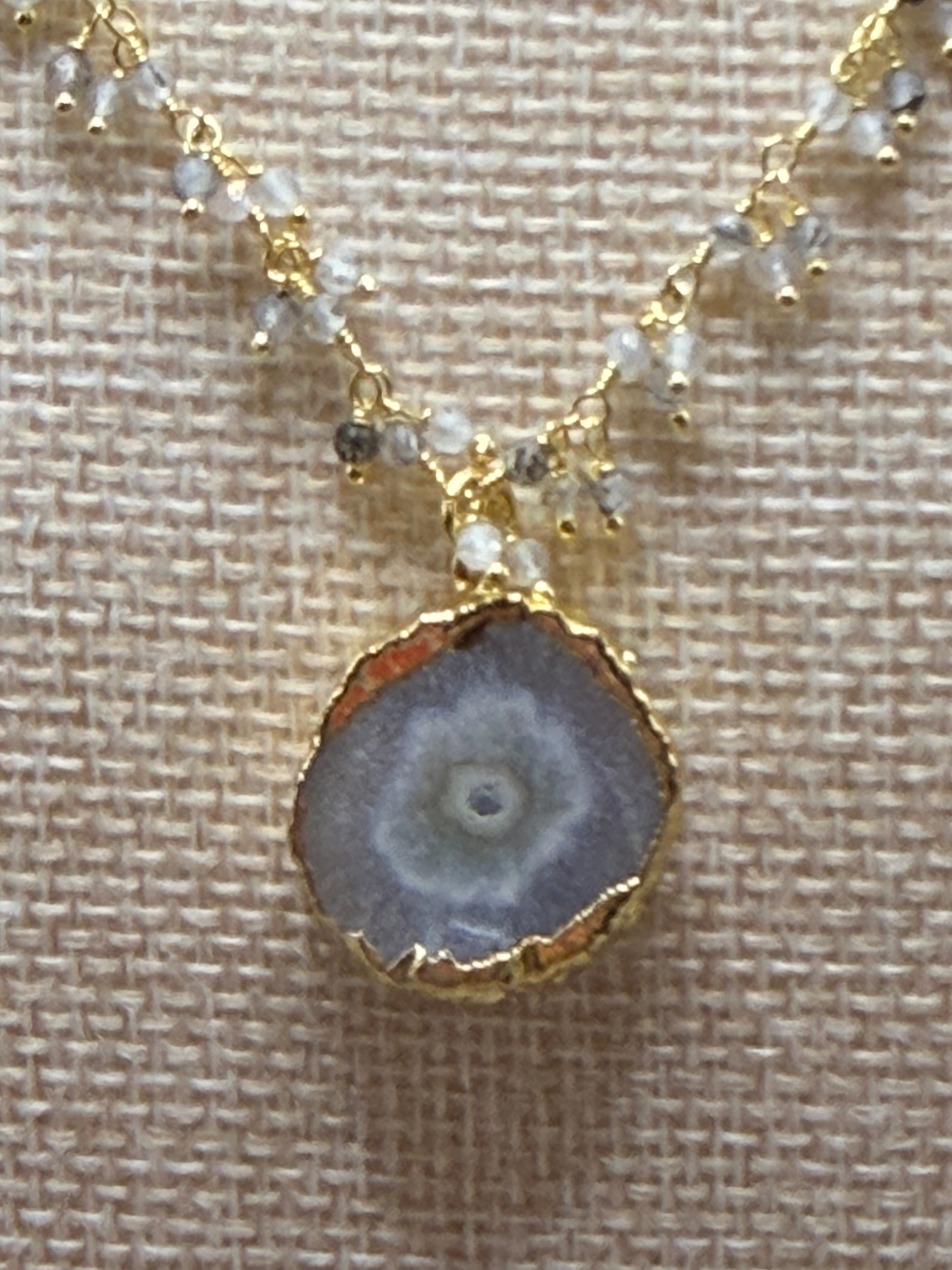 Rutilated cluster rosary necklace with solar quartz geode slice pendant