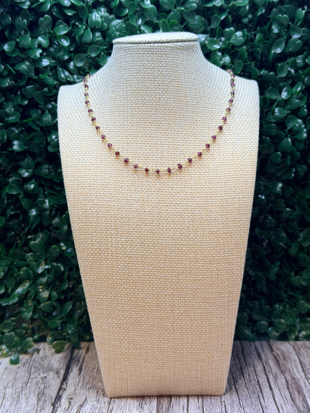 Garnet faceted rondelles on a vermeil hand wrapped chain.